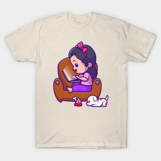 Cute Girl Operating Laptop With Puppy Cartoon T-Shirt